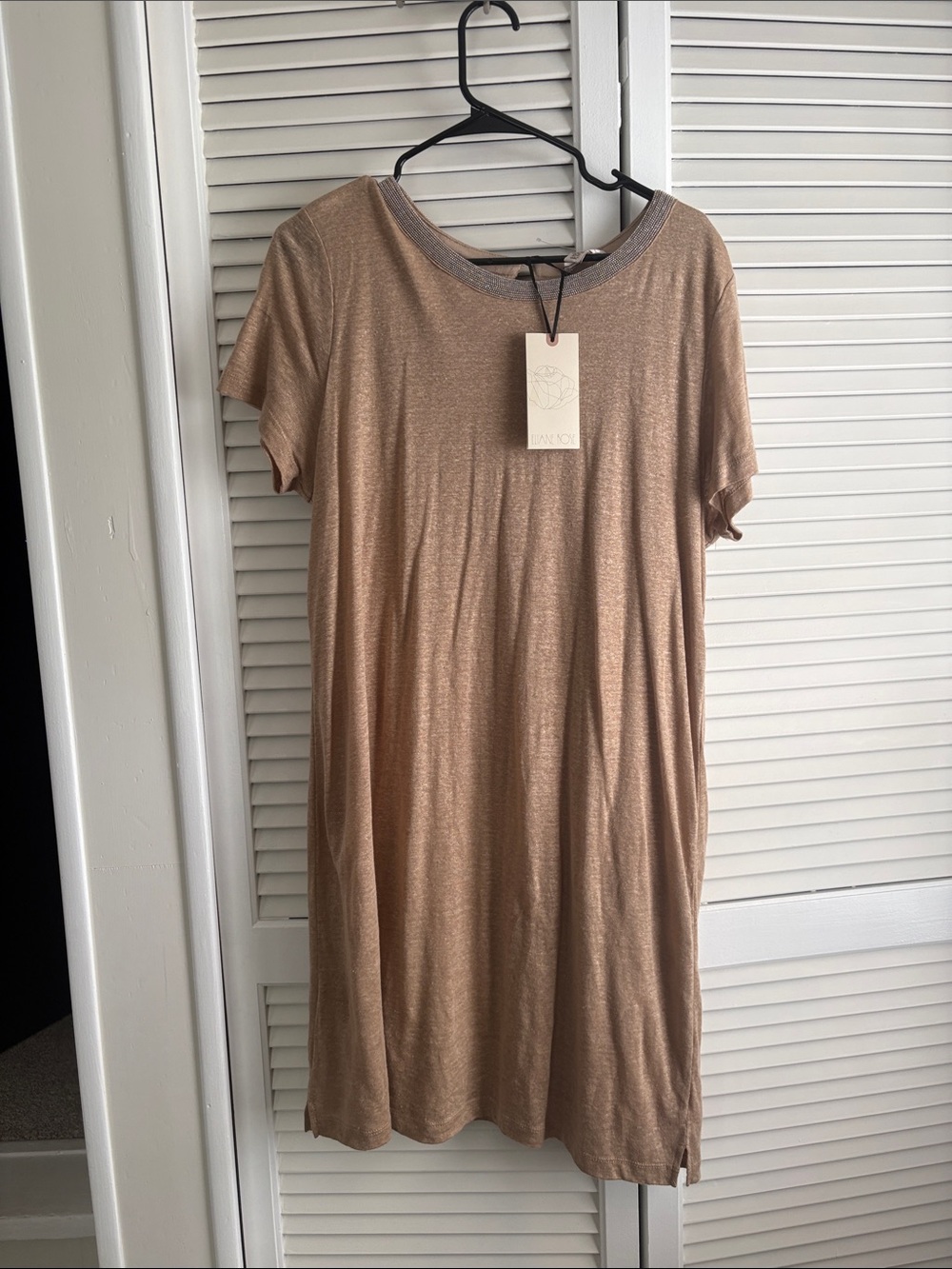 Women's Metallic Tan Short Sleeve Mini Dress